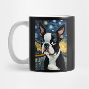 Boston Terrier Dog Breed Painting in a Van Gogh Starry Night Art Style Mug